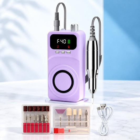 Purple portable cordless nail drill machine with silver handpiece and bit set