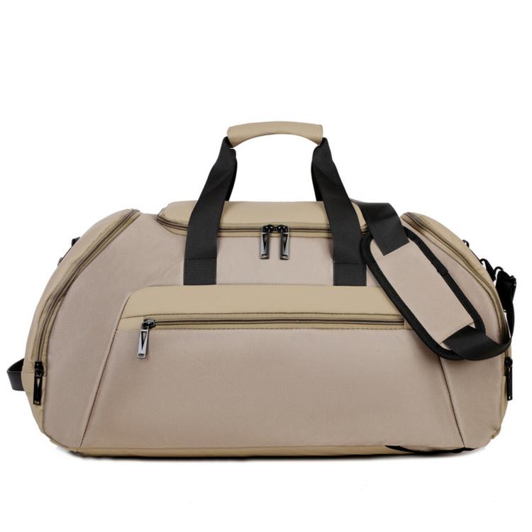 REMOID T18 large gym duffle bag in khaki/beige with top handle and crossbody strap.