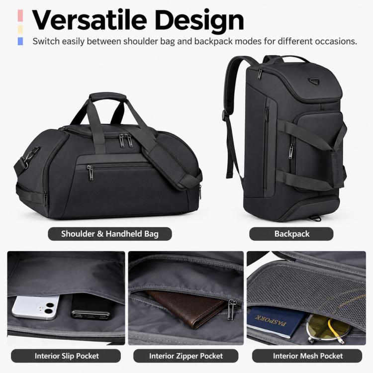 REMOID T18 duffle bag with shoulder carry and backpack-style pack, both in black.
