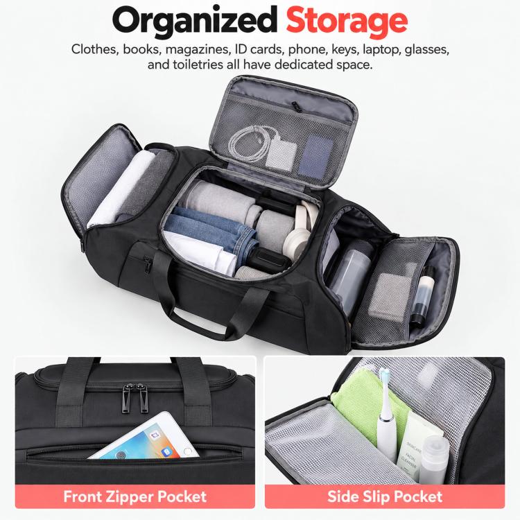 REMOID T18 duffle bag open layout with front zipper pocket and side slip pocket in black.