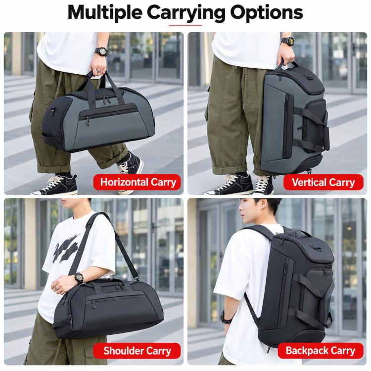 REMOID T18 large duffle bag shown with multiple carry options: shoulder, vertical, horizontal.