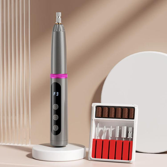 Grey cordless nail drill pen with purple accent, base stand, and nail bit kit