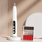 White cordless nail drill pen with purple accent, base stand, and nail bit kit