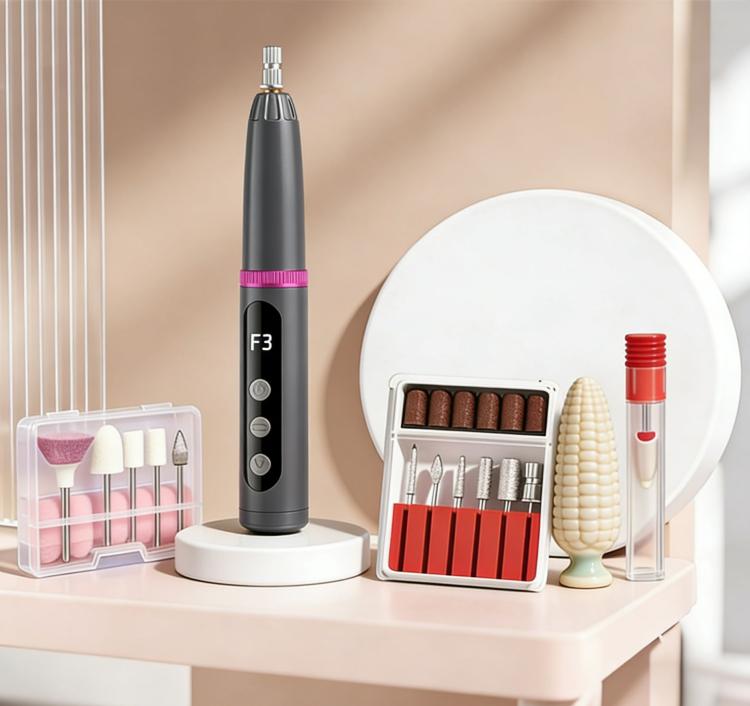 Cordless nail drill pen kit with grey pen, UV light lamp, and assorted nail bits