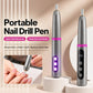 Portable cordless nail drill pen with UV light, standing on base with display panel