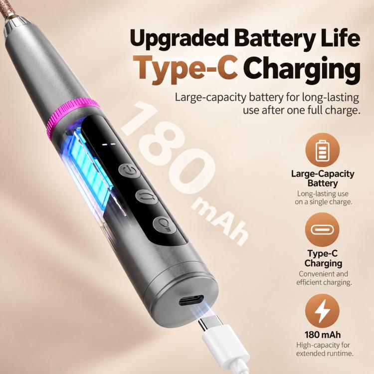 Cordless nail drill pen with Type-C charging port and illuminated battery indicator