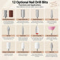 Diagram of 12 optional nail drill bits with different shapes and uses