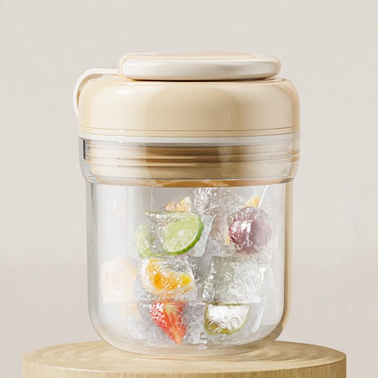 Beige ice press cup with lid; clear container filled with colorful ice cubes