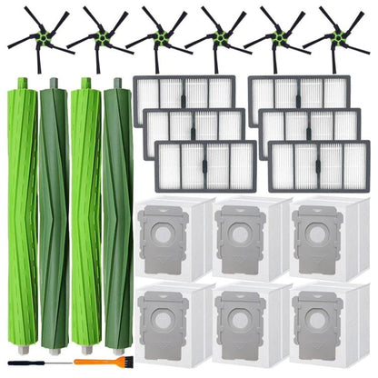 Robot vacuum replacement kit with green roller brushes, filters, bags, and side brushes