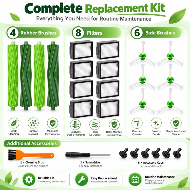 Replacement Kit For iRobot Roomba i7 / i7+ / E5 / E6, Inchuded 4 Rubber Brushes 8 Filters 6 Side Brushes, 2+8+6