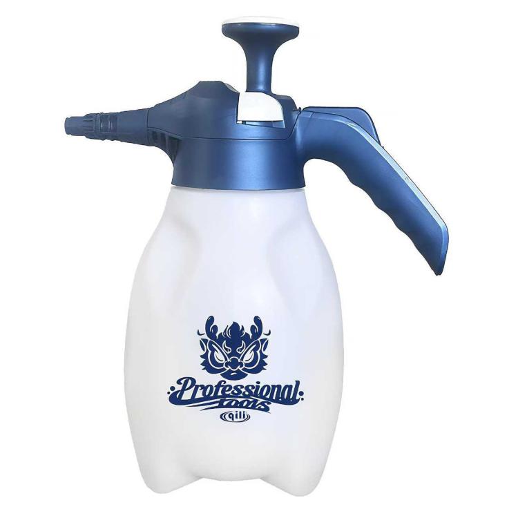 Blue and white plastic pressure sprayer with trigger handle and top pump