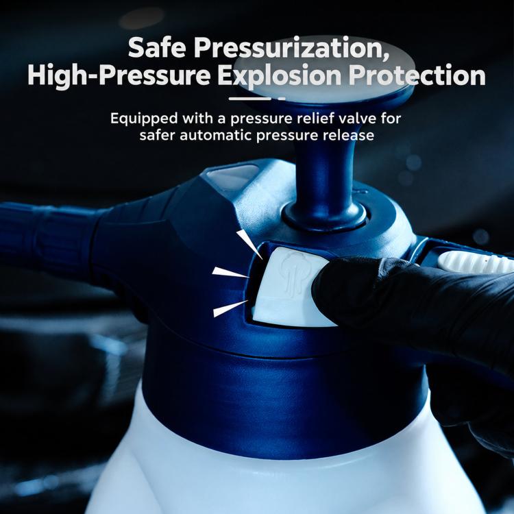 Close-up of blue-and-white pressure sprayer with top pump and pressure release area