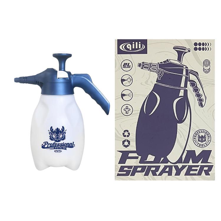 Blue and white pressure sprayer with printed bottle design and product package