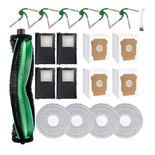 Replacement accessory kit with green side brushes, main brush, filters, and mop pads