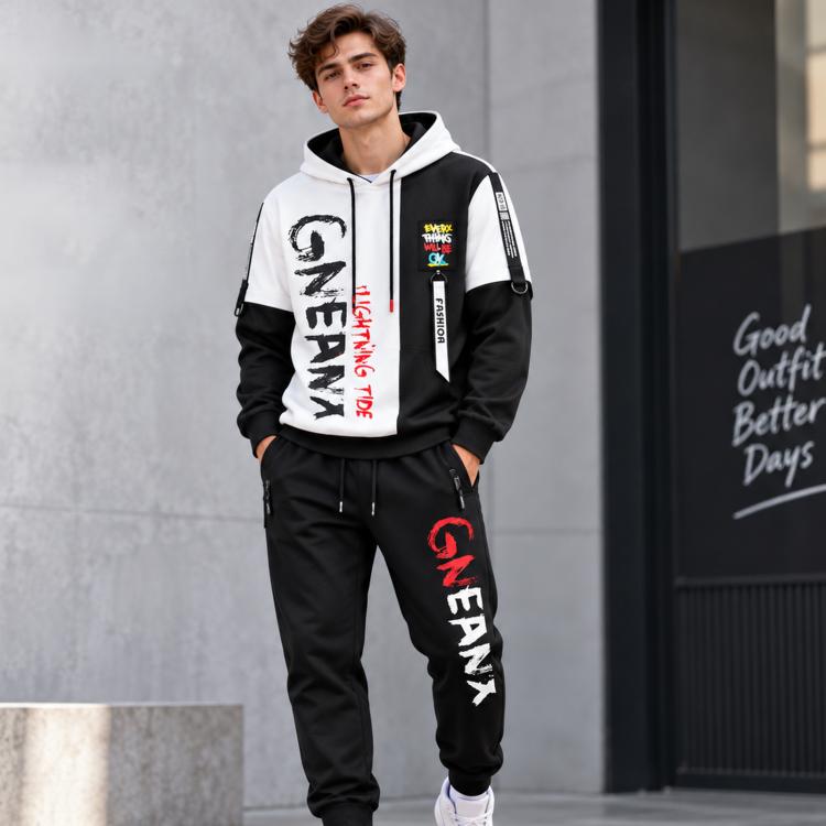 Two-piece teen hoodie and jogger set, white and black with graphic “ENAM” print