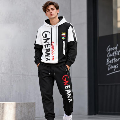 Two-piece teen hoodie and jogger set, white and black with graphic “ENAM” print