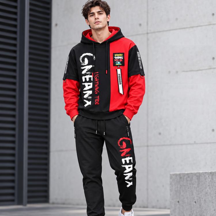 Hoodie and jogger set, red and black with “GENYA” print, drawstring hood