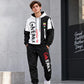 Two-piece teen hoodie and jogger set, white and black colorblock with “ENAM” graphics