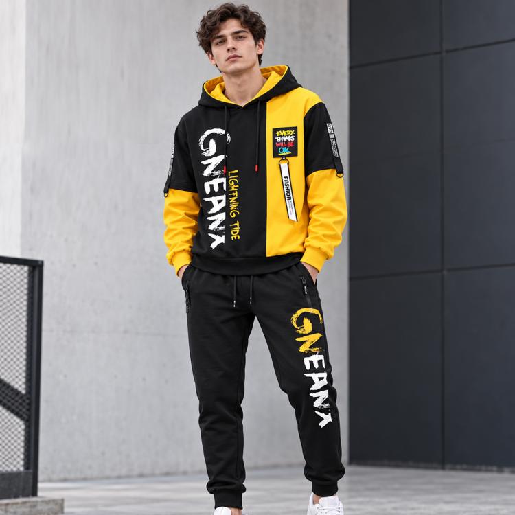 Two-piece teen hoodie and jogger set, yellow/black colorblock with hood and cuffed joggers