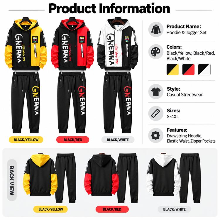 Hoodie and jogger set style chart showing black/yellow, black/red, and black/white sets