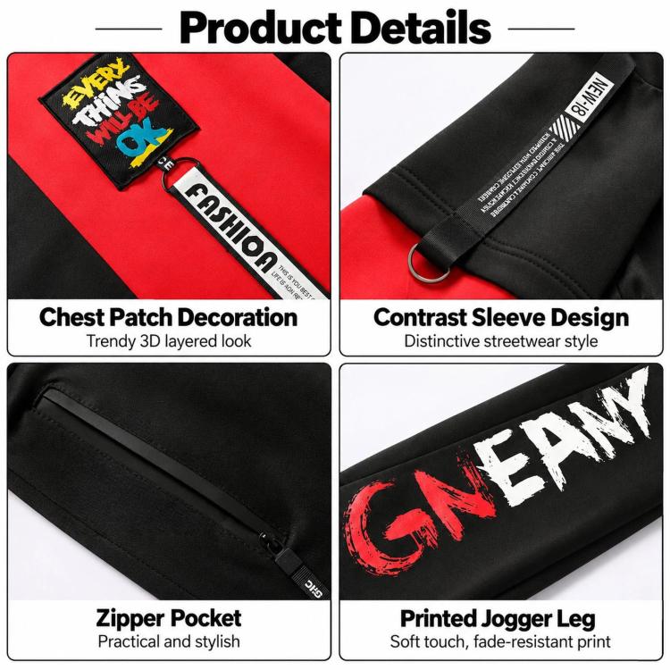 Black hoodie and jogger set with red graphics, chest patch, contrast sleeves, zipper pocket