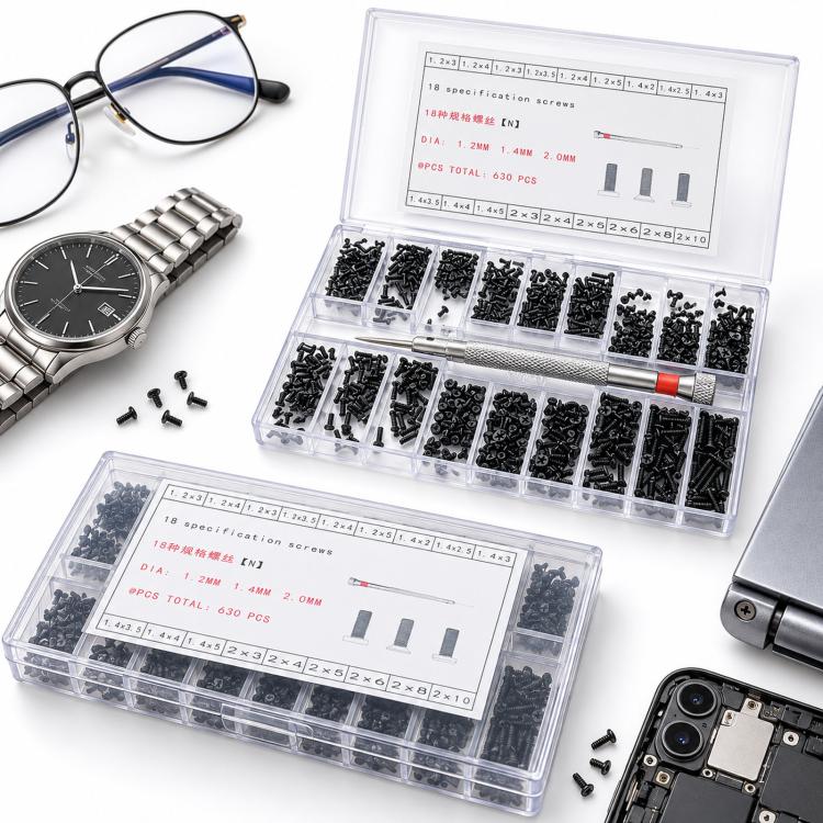 Clear organizer box of black micro Phillips screws with a metal screwdriver