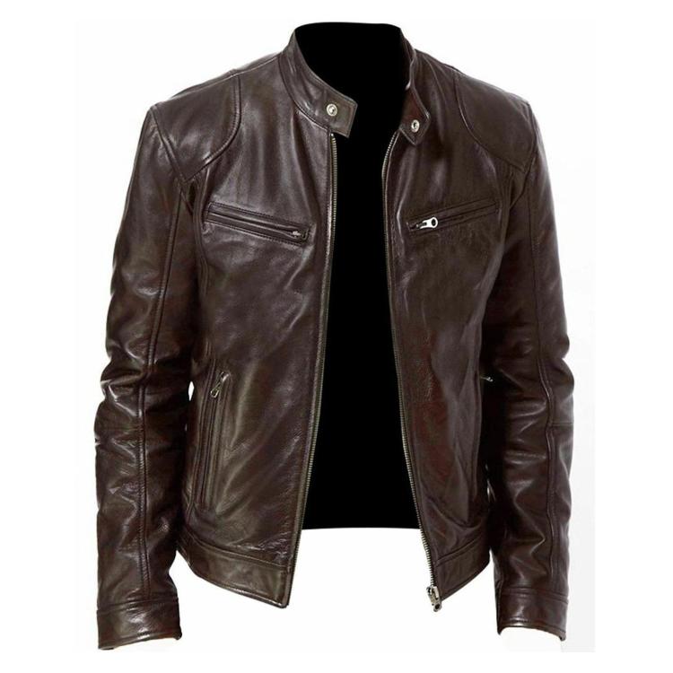 Brown PU motorcycle jacket with stand collar, front zip, and two chest pockets
