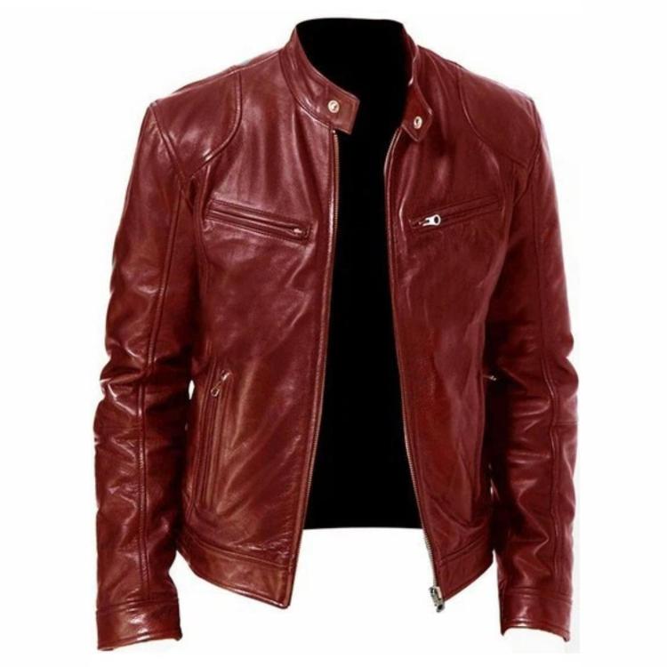 Claret PU motorcycle jacket with stand-up collar, front zip, and chest/side pockets