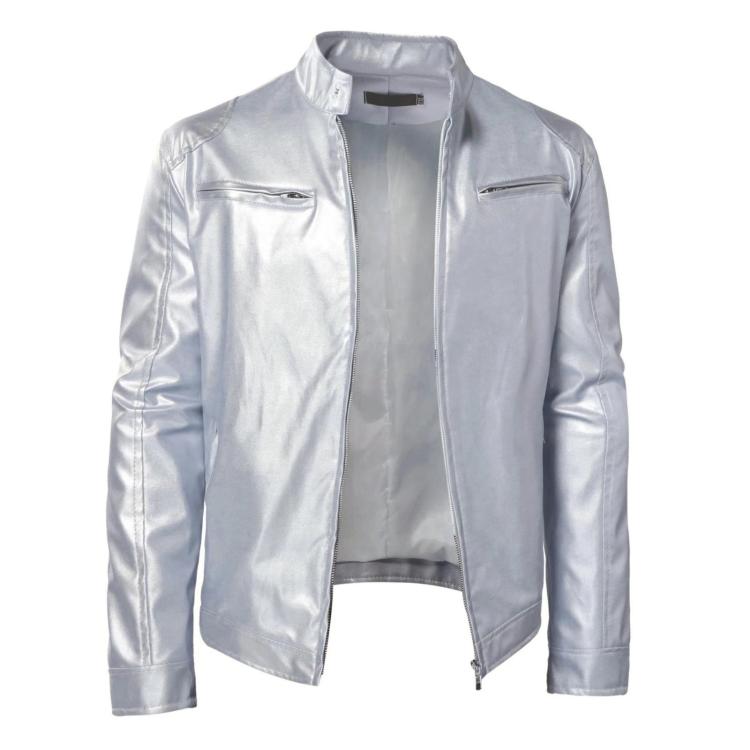 Light gray PU jacket with stand collar, front zip, and two chest pockets