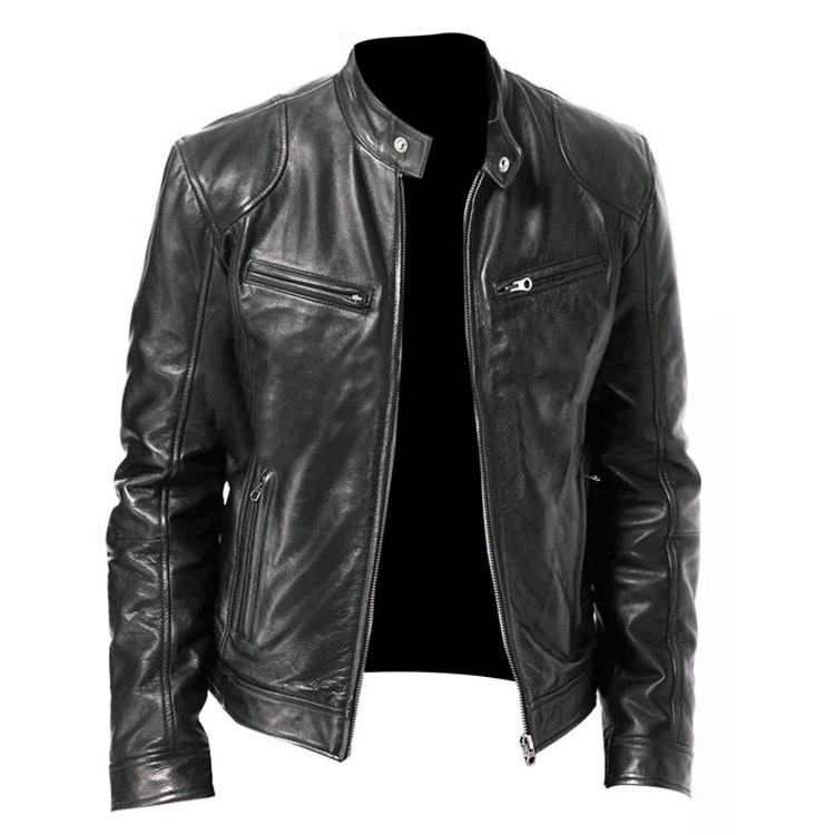 Black PU motorcycle jacket with stand collar, front zip, and two chest pockets