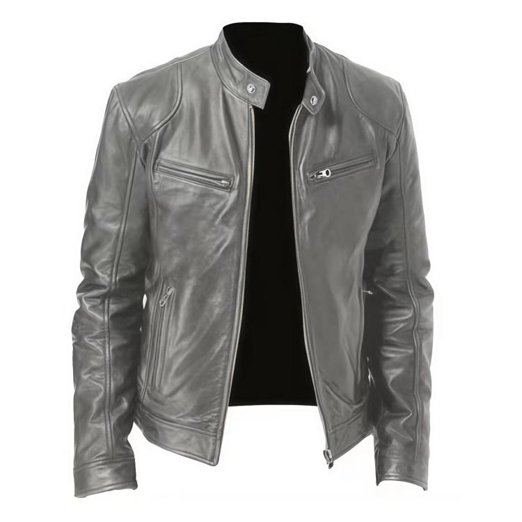 Gray PU motorcycle jacket with stand collar, front zip, and two chest pockets