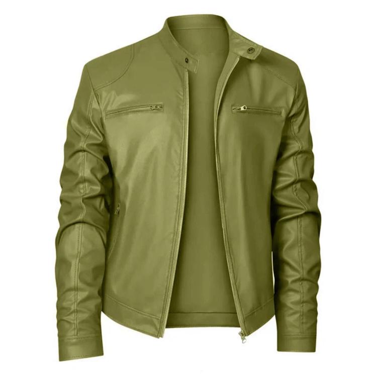 Khaki green PU motorcycle jacket, zip-up stand collar, two front chest pockets