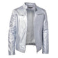 Light gray PU jacket with stand collar, front zip, and two chest pockets