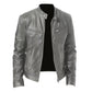 Gray PU motorcycle jacket with stand collar, front zip, and two chest pockets