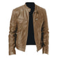 Khaki PU motorcycle jacket with stand collar, center zip, and multiple zipped compartments