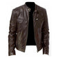 Brown PU motorcycle jacket with stand collar, zip closure, and chest pocket zipper trim