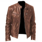Brown stand-collar PU motorcycle jacket with zip front and two chest zip pockets