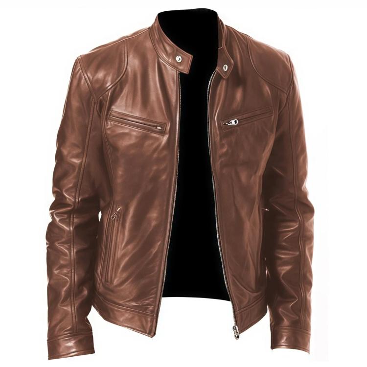 Brown stand-collar PU motorcycle jacket with zip front and two chest zip pockets