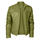 Khaki green PU motorcycle jacket with stand collar, front zip, and chest pockets