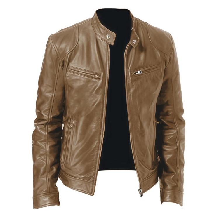 Khaki PU zip-up motorcycle jacket with stand collar and zip-up chest and side pockets