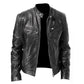 Black PU motorcycle jacket with stand collar, front zipper, and side seam zip pockets