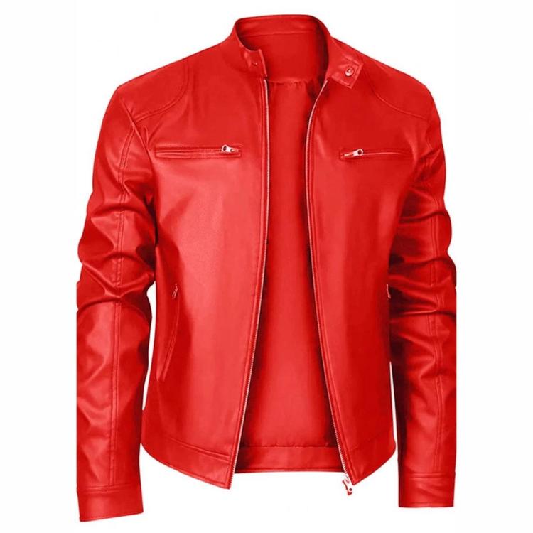 Red PU moto jacket with stand-up collar, full zip, and chest zipper pocket details