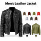 Black leather-style motorcycle jacket with stand collar and zip-front, zip pockets
