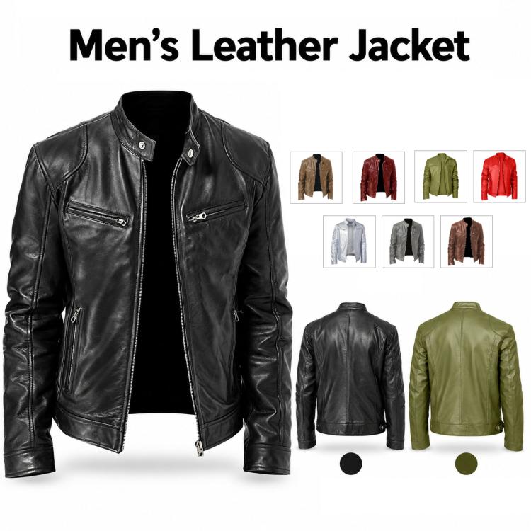Black leather-style motorcycle jacket with stand collar and zip-front, zip pockets