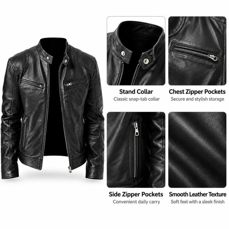 Black leather-style jacket details: stand collar, chest zip pockets, side zip pockets