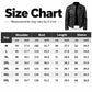 Men's leather jacket size chart with measurements for shoulder, bust, length, sleeve