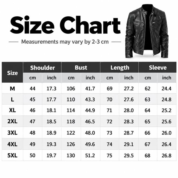 Men's leather jacket size chart with measurements for shoulder, bust, length, sleeve