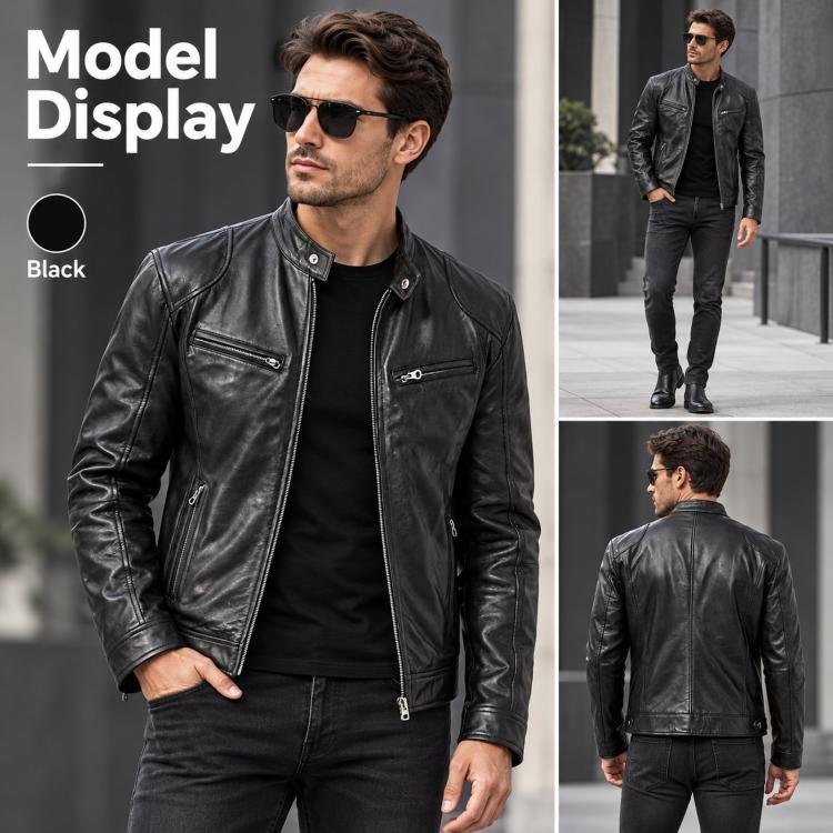 Black leather moto jacket on model, stand collar, zip-front, chest and side pockets