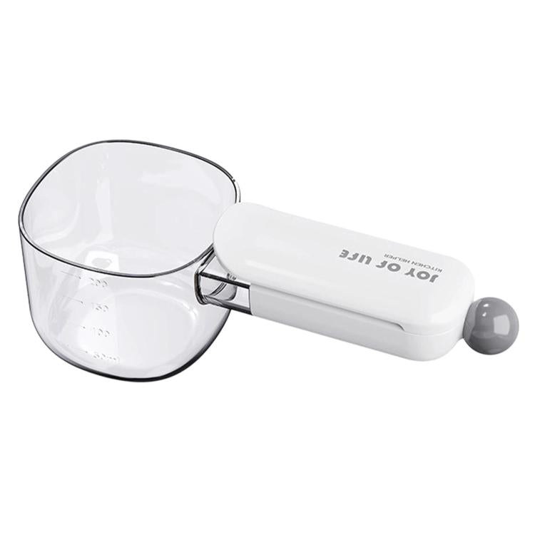 Large rice measuring scoop with sealing clip, white handle and gray knob