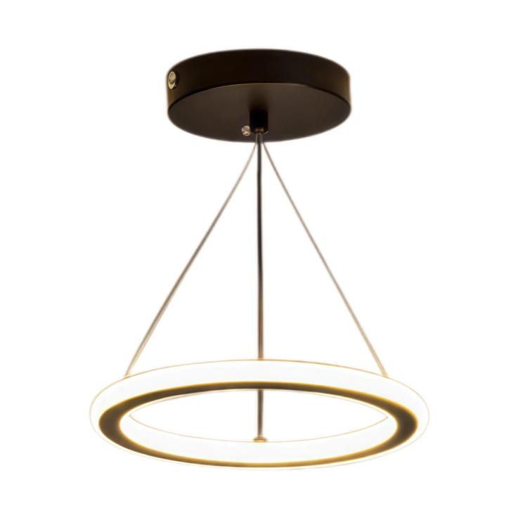 LED pendant ceiling light with black canopy and glowing white ring diffuser, hanging